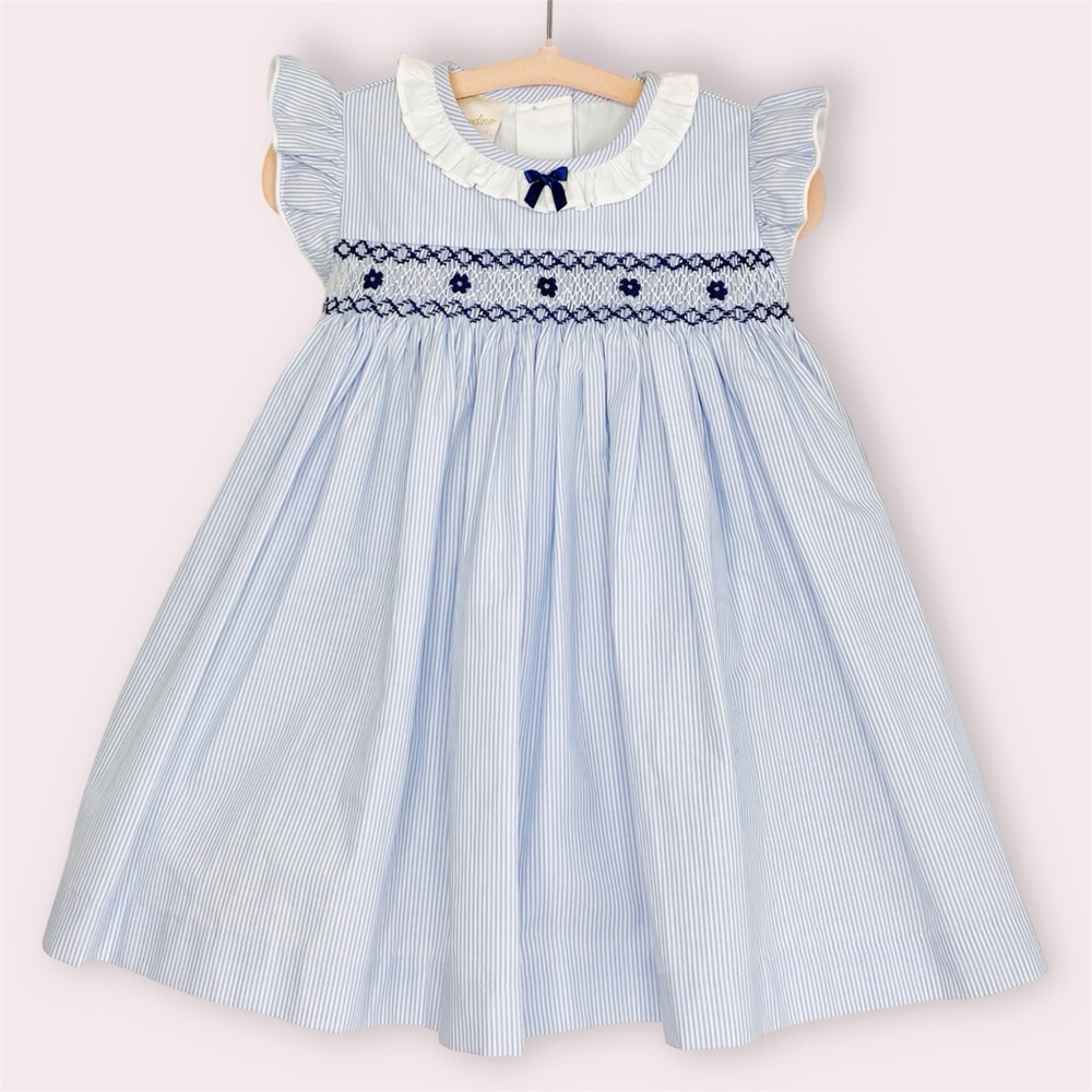 Bordino Smocked Dress w/ Bloomers Light Blue‎ Striped Navy Embroidery 18 Months